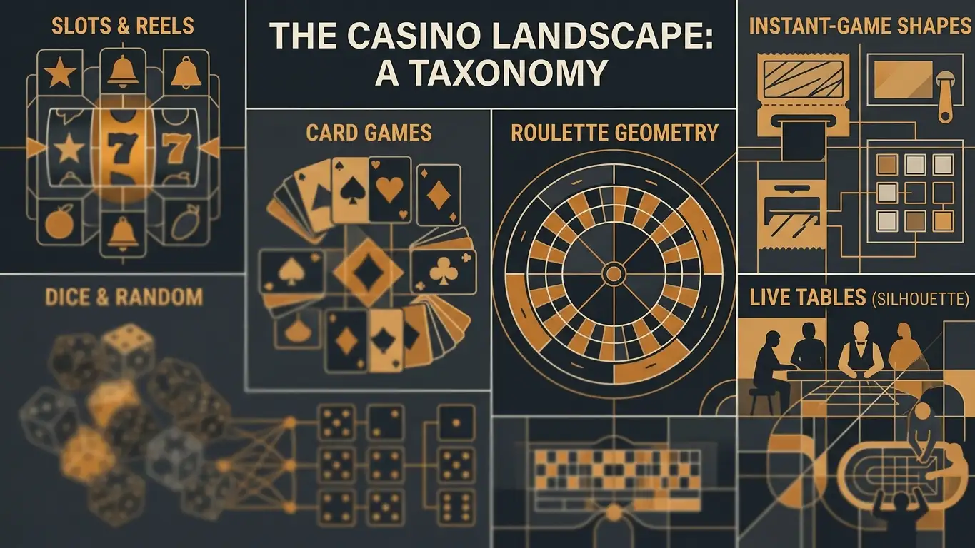 Abstract casino game category mosaic with cards reels dice and live-table shapes