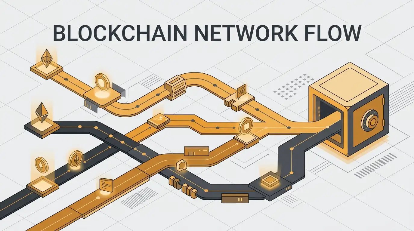 Crypto assets moving through several blockchain network routes toward a casino payment wallet