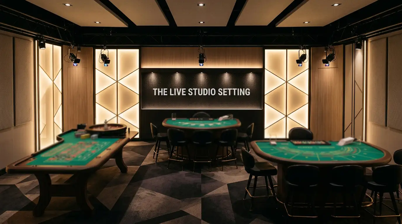 Live casino studio with gaming tables and broadcast equipment