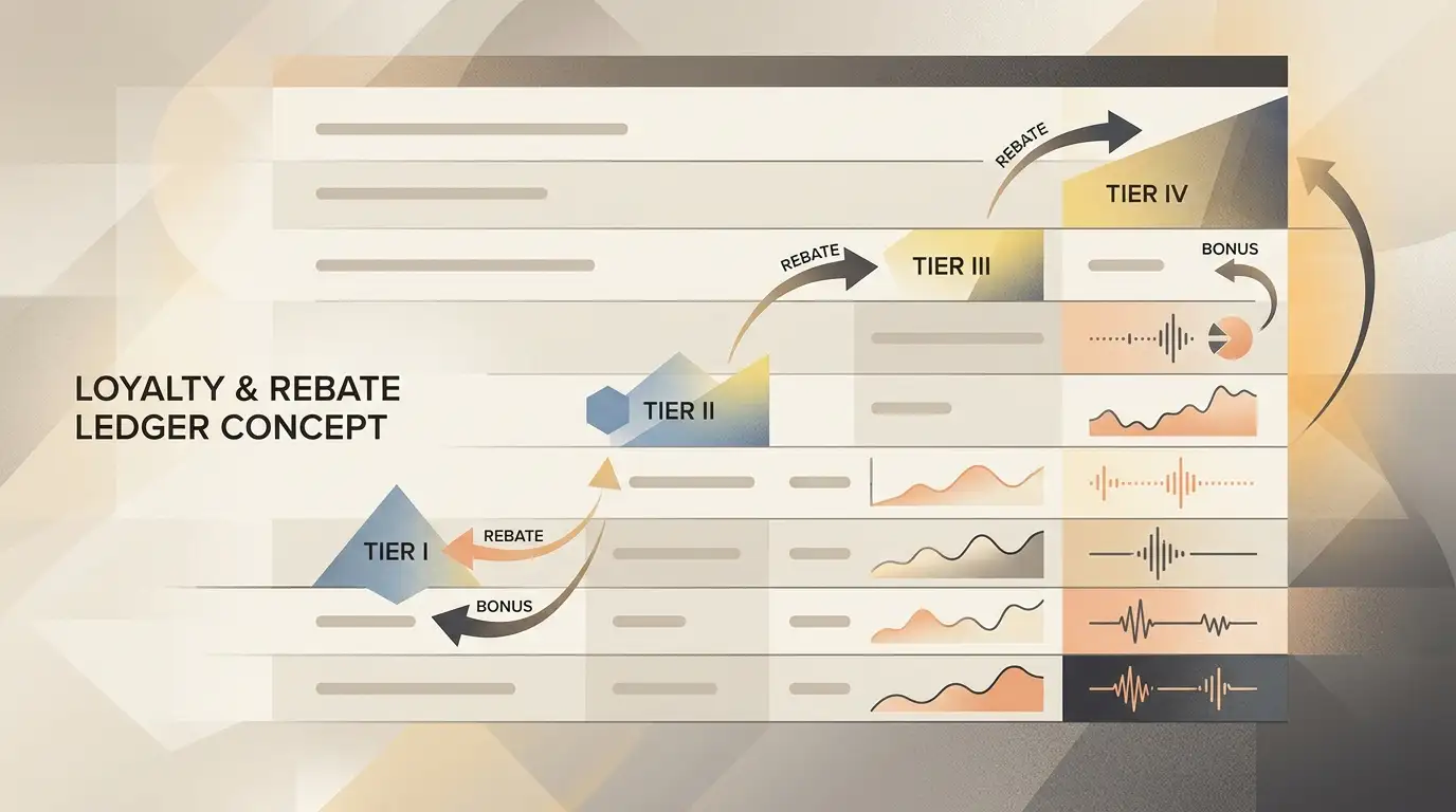 Abstract loyalty ledger with rebate entries and tiered reward markers